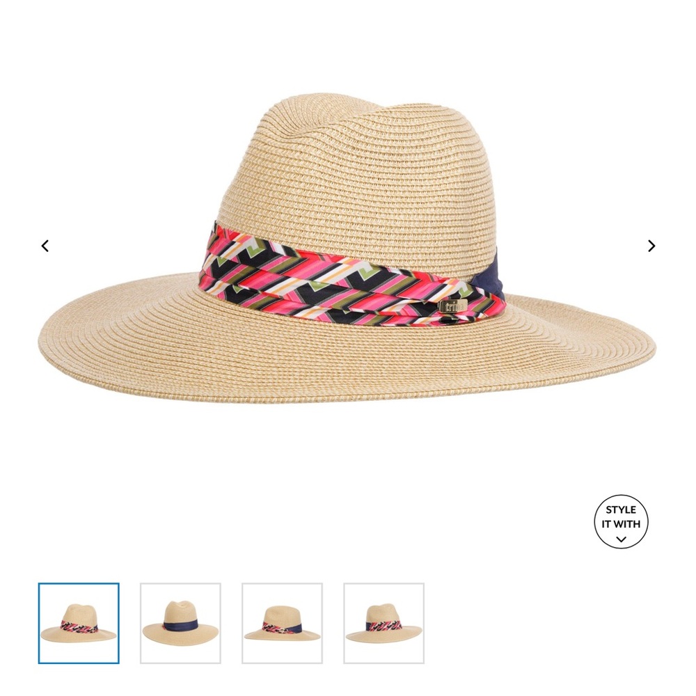 Trina Turk Azure Wide Brim Straw Adjustable Fedora with Pink Patterned Band NWT - Picture 5 of 9